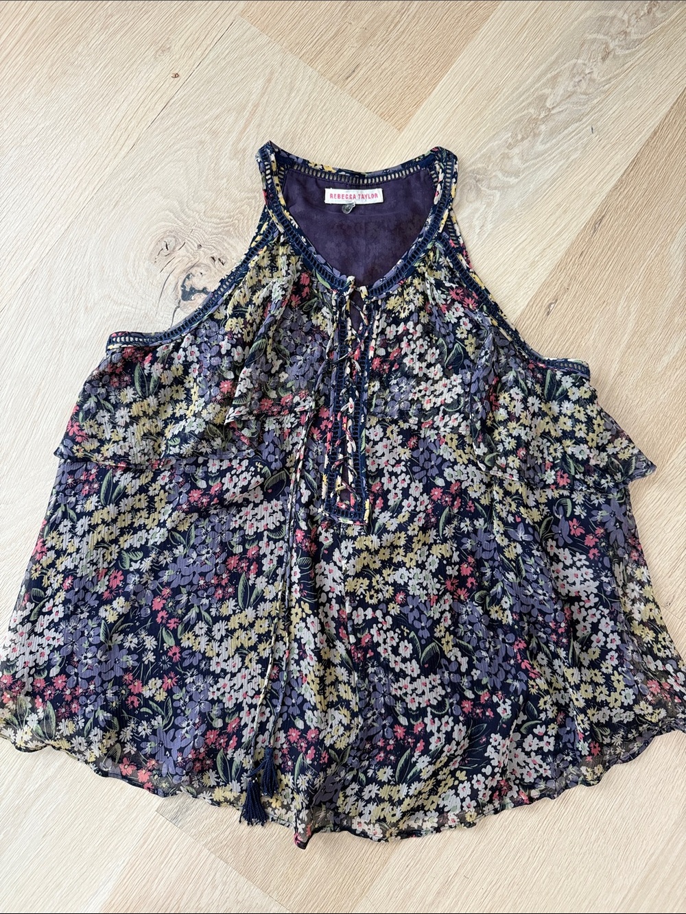 Rebecca Taylor Navy Silk Ruffle Blouse